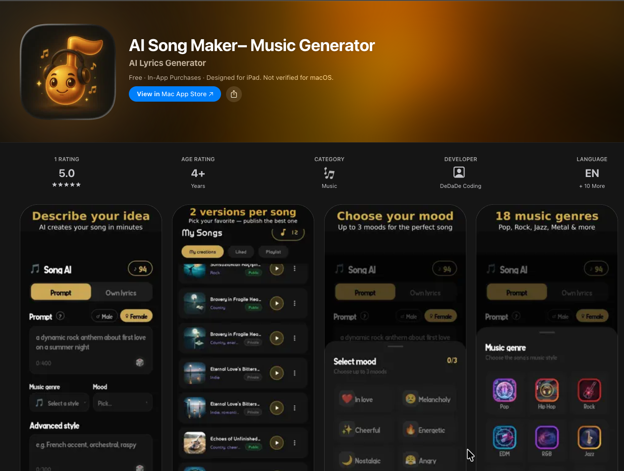 AI Song Maker App Store sayfası ekran görüntüsü