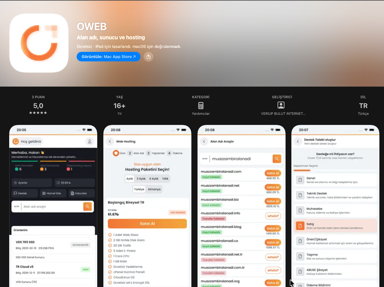 OWEB hosting ve alan adı uygulaması App Store görüntüsü